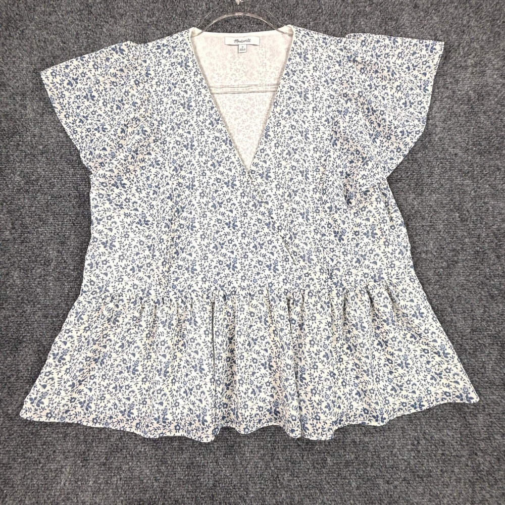 Madewell Floral Flutter Sleeve Peplum Wrap Top Blue White V-Neck Size M